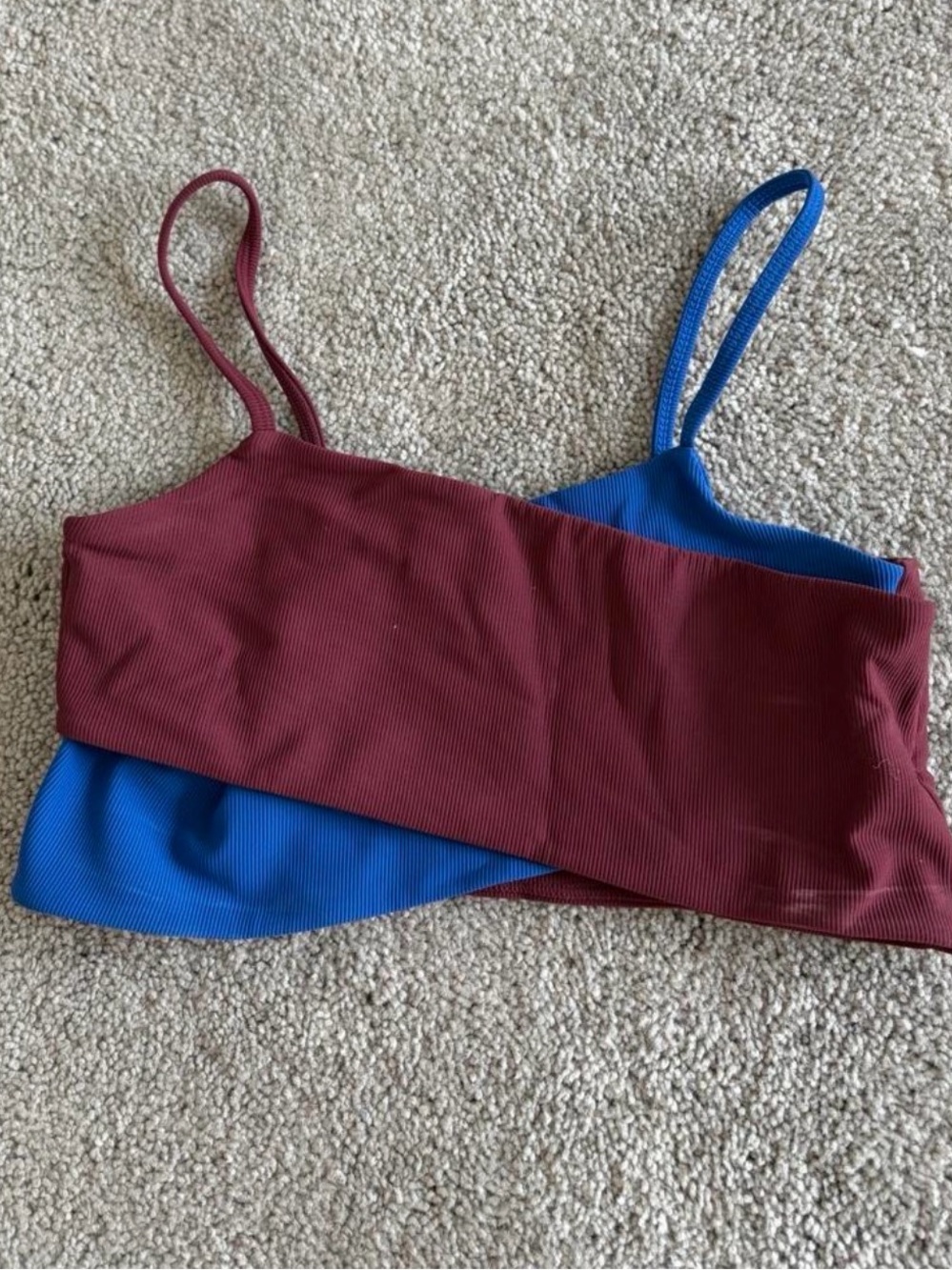 Two-Tone Burgundy and Blue Asymmetrical workout bra Top